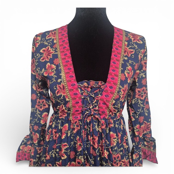 Boemo Floral Maxi Dress Navy Pink Lace Up V-Neck Tiered Boho Style R4202 Small - Picture 3 of 8